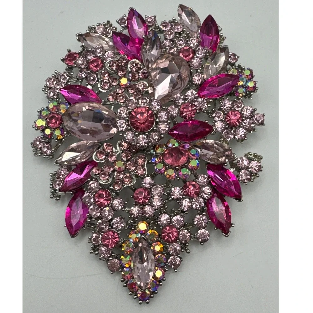Pink Rhinestone Floral Brooch Pendant Silver Tone Statement Pin Fuchsia AB Large